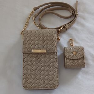 Woven Taupe Crossbody Phone Bag with Mini Accessory Case